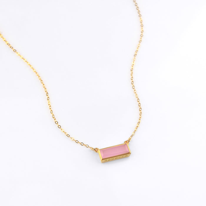 Single gold filled cable chain with october birthstone pink chalcedony horizontal bar adira necklace with secret message engraved on the bottom