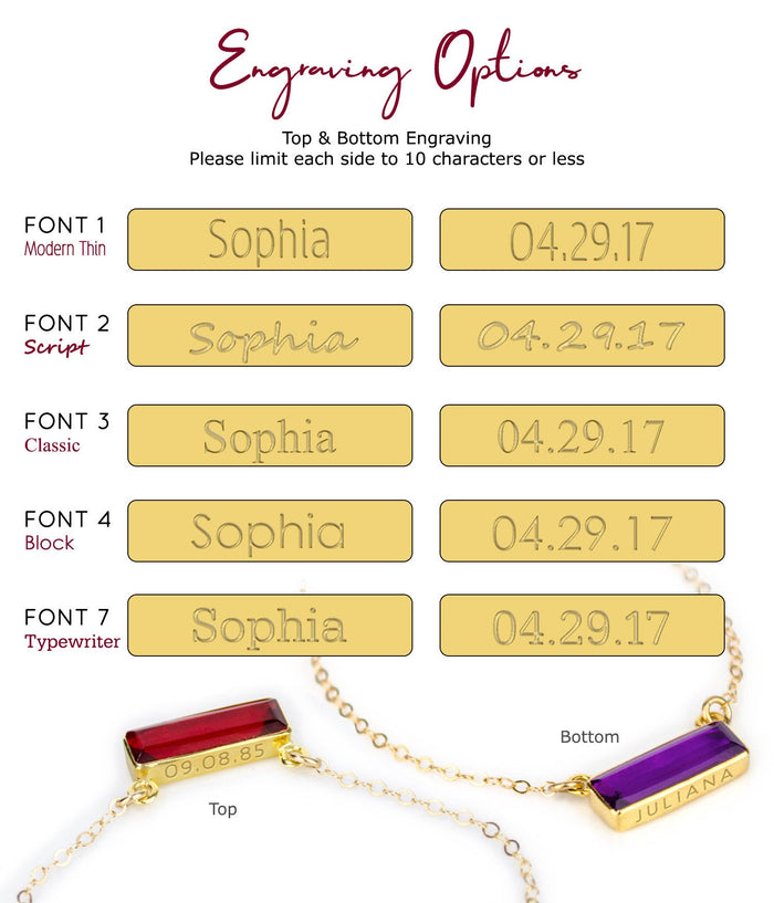 Choose from our engraving font options include modern thin, script, classic, block and typewriter. Please limit engraving text to 10 characters.