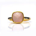 Pink Chalcedony gold plated cushion bezel square White topaz pave stacking ring on white background. October birthday, October gemstone, square gemstone, sterling silver, pink birthstone, pink ring
