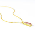 Vertical gold filled chain october pink chalcedony adira style birthstone bar with secret message engraved in script