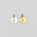 Polished disk hand stamped initial charm, initial oval gold silver, rose, on white background.