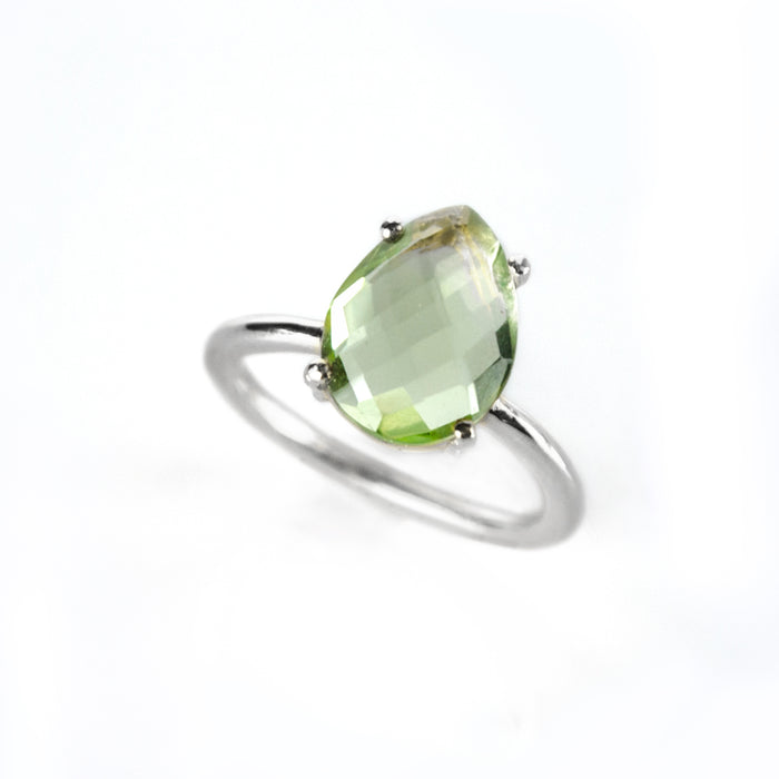 Prasiolite Green Amethyst Teardrop Prong Set Ring • February Birthstone