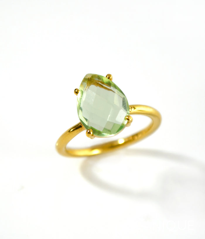 Prasiolite Green Amethyst Teardrop Prong Set Ring • February Birthstone