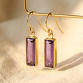 Purple amethyst baguette bar earrings in gold with 6 x 16 mm February birthstone stones