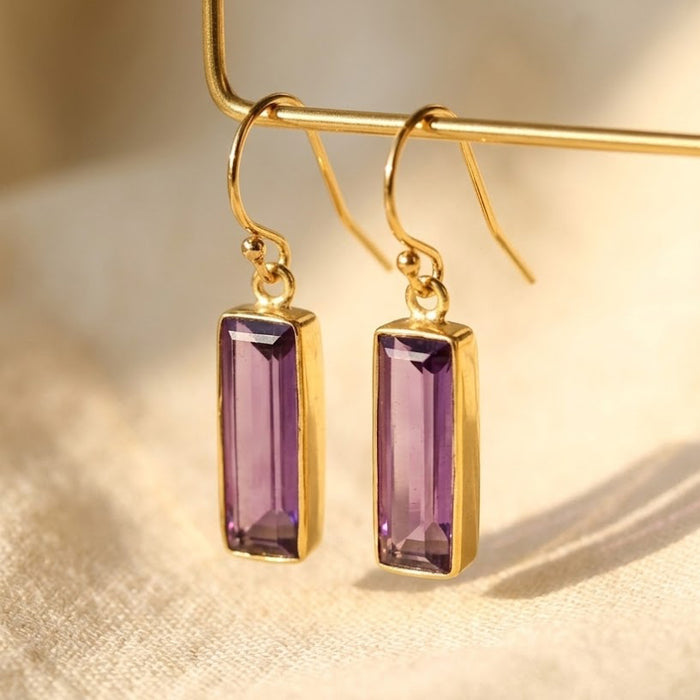 Purple amethyst baguette bar earrings in gold with 6 x 16 mm February birthstone stones