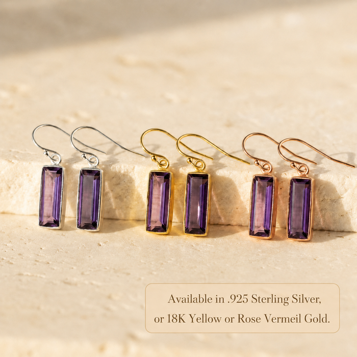 Amethyst bar earrings in sterling silver, yellow gold, and rose gold vermeil