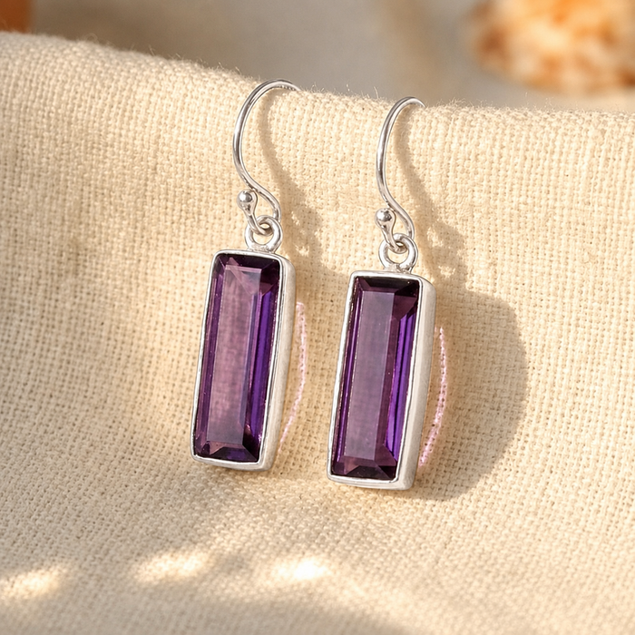 Sterling silver purple amethyst bar earrings with rectangular February birthstone design