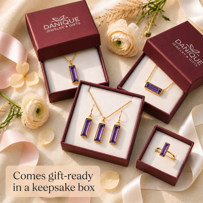 Purple amethyst necklace and matching jewelry in Danique Jewelry gift boxes.