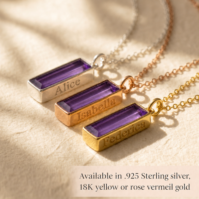 Purple amethyst bar necklaces in silver, yellow gold, and rose gold finishes.