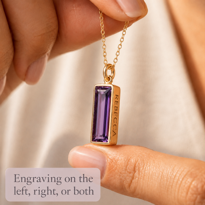 Purple amethyst necklace showing engraving placement on left side, right side, or both.