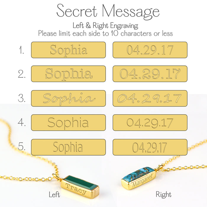 secret message layout guide for personalized birthstone bar necklace explaining how to position engraved names or dates along the left and right sides of the vertical bar, examples with different names and meaningful dates, helpful visual for designing custom baguette birthstone necklace with hidden engraving, ideal for customers who want a discreet personalized name bar necklace or special February birthstone amethyst pendant with sentimental text