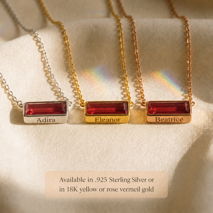 Three personalized ruby bar necklaces in sterling silver, yellow gold, and rose gold vermeil.
