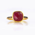 Ruby gold plated cushion bezel square White topaz pave stacking ring on white background. July birthday, July gemstone, square gemstone, sterling silver, red birthstone, red ring