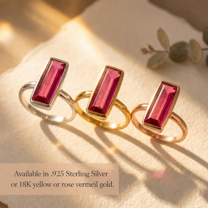 Ruby baguette rings shown in sterling silver, yellow gold vermeil, and rose gold vermeil.