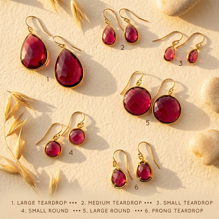 Ruby quartz earrings style chart showing large teardrop, medium teardrop, small teardrop, small round, large round, and prong teardrop options.