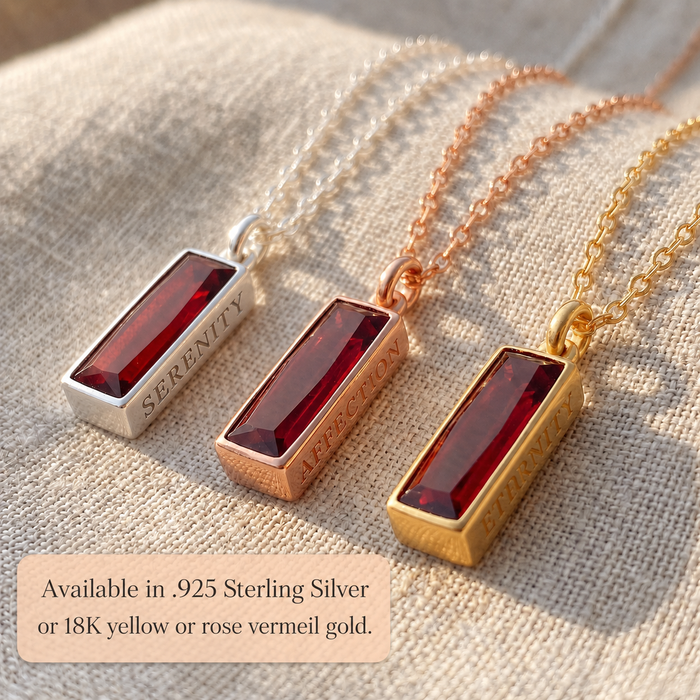 Three ruby bar necklaces in sterling silver, yellow gold, and rose gold vermeil finishes.