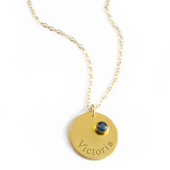 September Engraved Disk Pendant Necklace