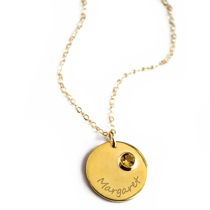 September Engraved Disk Pendant Necklace