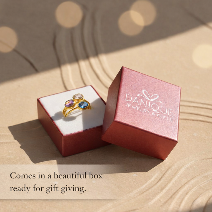 Gifting Ready! Gold plated clear quartz, purple amethyst and kyanite oval rings in signature danique gift box. stack set, stacking rings, gemstone ring, birthstone ring, mother's day gift for her, gift for mom, gift for fiance, gift for girlfriend, wedding jewelry, bridesmaid jewelry, anniversary jewelry, anniversary gift, birthday gift, christmas gift, valentine's day gift, valentine's day rings, dainty ring, cocktail ring, statement ring, bezel set