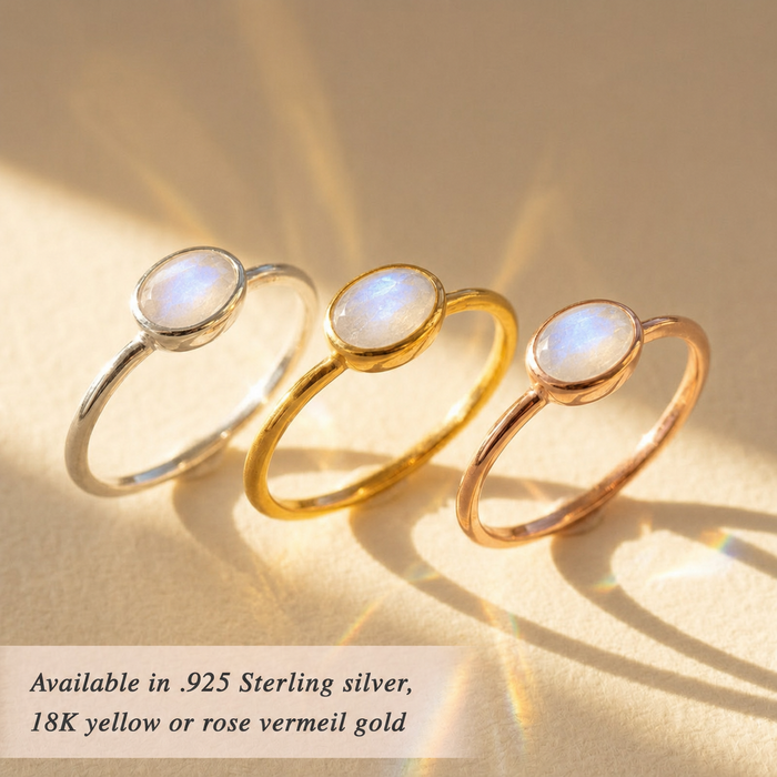 Small oval moonstone rings shown in gold, sterling silver, and rose gold vermeil finish options.
