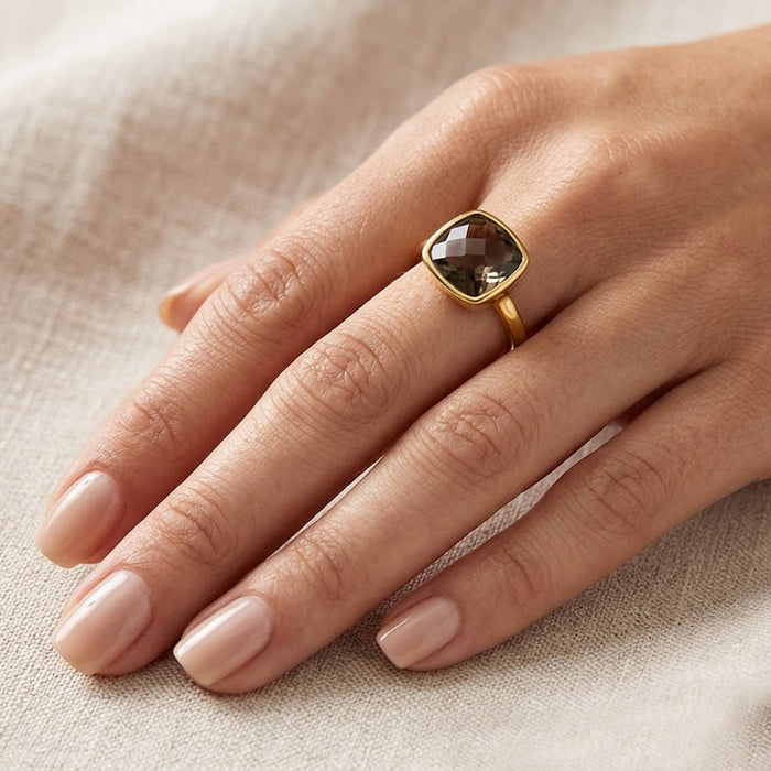 Brown gemstone ring cushion cut smoky quartz elegant everyday jewelry