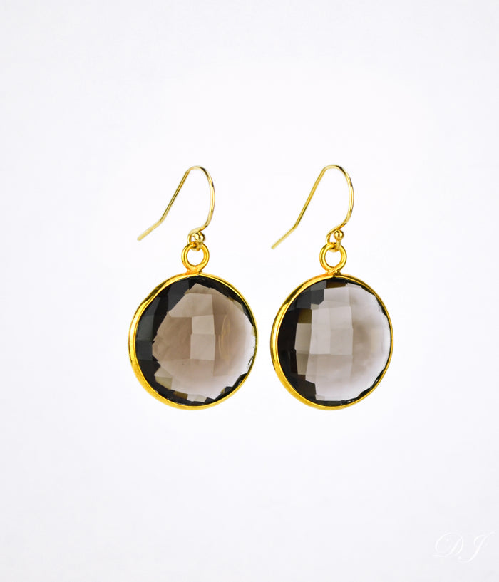 Smoky Quartz Large Round Vermeil Gold or Sterling Silver Bezel Set Earrings