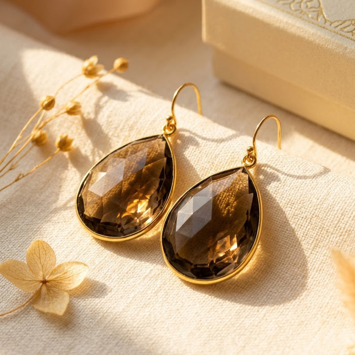 Large smoky quartz drop earrings in gold vermeil with elegant teardrop design