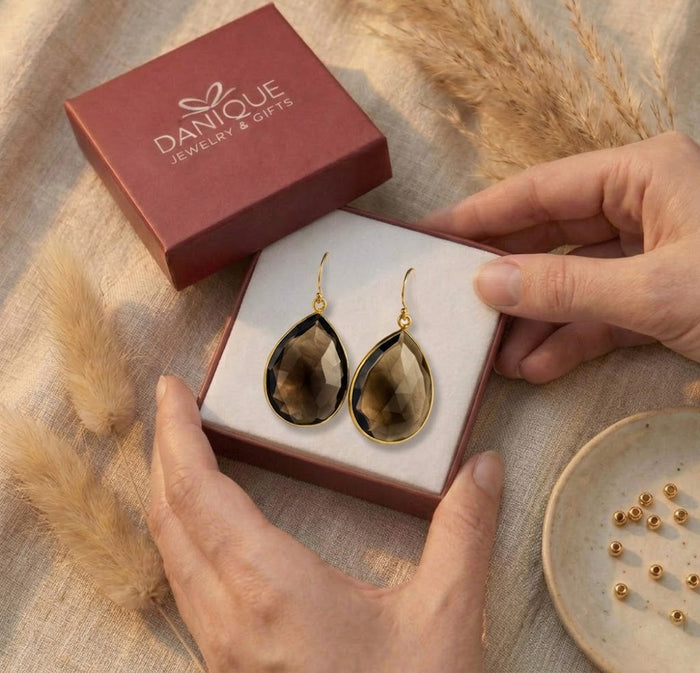Gift box presentation of smoky quartz gemstone earrings ready for gifting