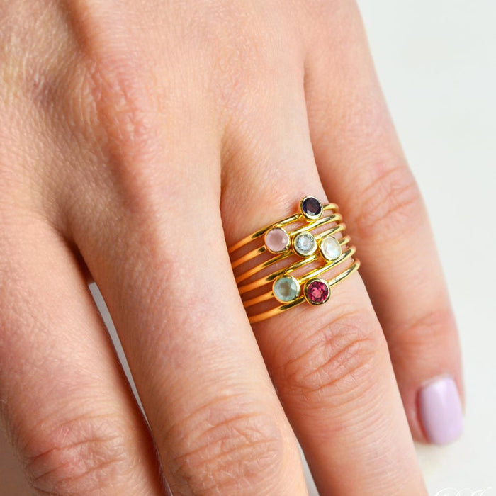 6 Ring Set Vermeil Gold Plated Garnet Pink Chalcedony Blue Topaz Rainbow Moonstone Aqua Chalcedony Ruby Quartz