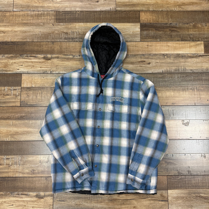 Supreme Quilted Hooded Plaid Shirt Blue