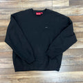 Black Supreme Small Box Crewneck sweatshirt laid flat on wooden floor preowned