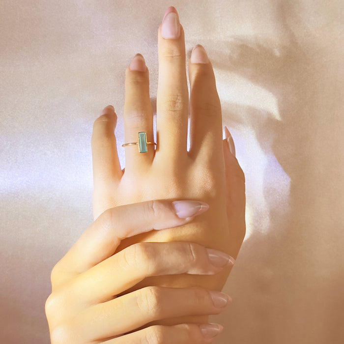 Tiny Aqua Chalcedony Bar Ring, March Birthstone Ring