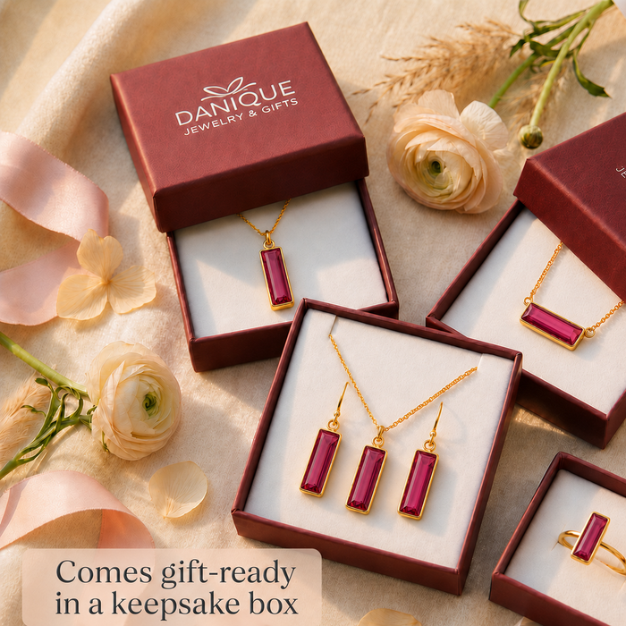 Ruby birthstone gift set ready for gifting in Danique Jewelry boxes.