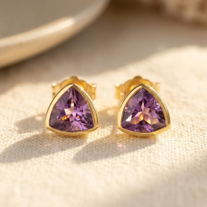 Triangle Amethyst Stud Earrings, Gold or Sterling Silver February Birthstone Gift