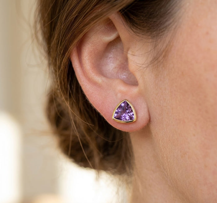 Triangle Amethyst Stud Earrings, Gold or Sterling Silver February Birthstone Gift