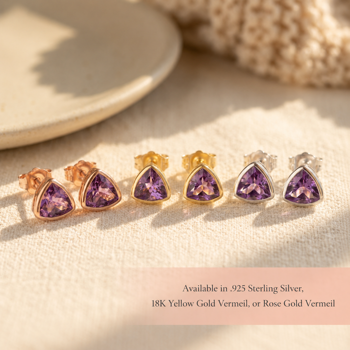 Triangle Amethyst Stud Earrings, Gold or Sterling Silver February Birthstone Gift