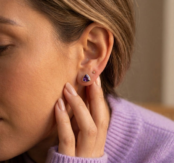 Triangle Amethyst Stud Earrings, Gold or Sterling Silver February Birthstone Gift