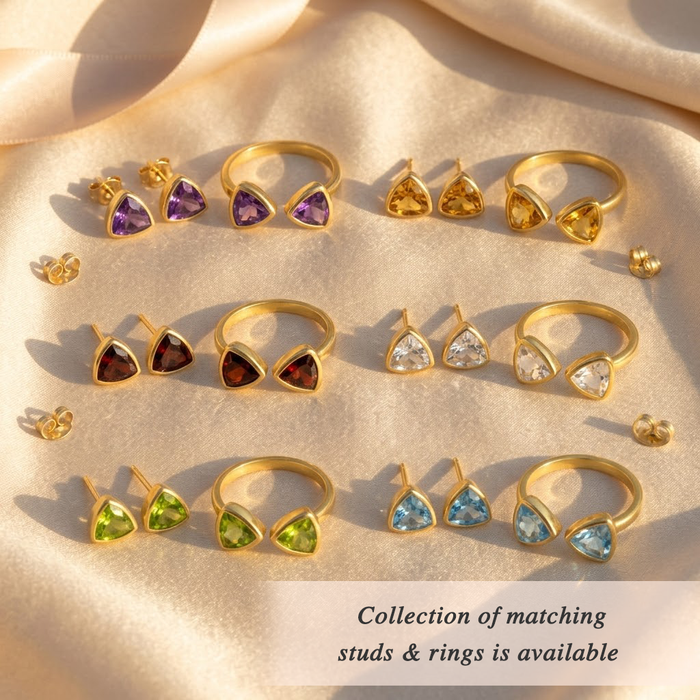 Small gold gemstone stud earrings  and adujstable rings with blue kyanite stones