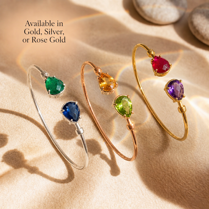 rose gold, Gold and silver adjustable birthstone bangles with two pear cut stones, personalized gemstone bracelet available in rose gold, gold or silver for couples, moms, sisters, friends, or bridesmaids.