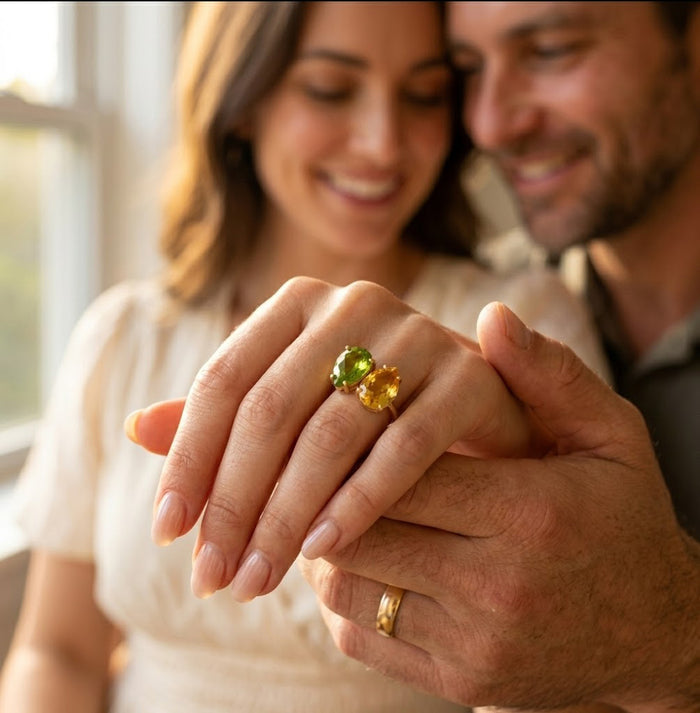 Personalized two birthstone ring shown on hand as a meaningful couples or mom gift