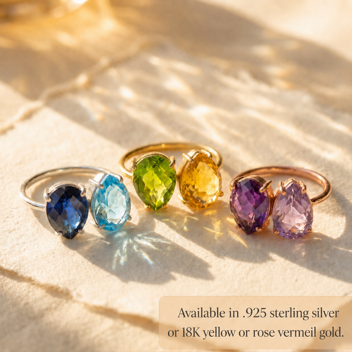 Two stone birthstone ring available in sterling silver, gold, or rose gold with custom birthstone choices