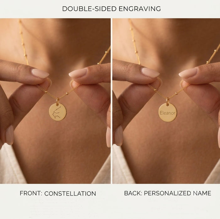 Double-sided constellation necklace showing front zodiac engraving and back personalized name engraving.
